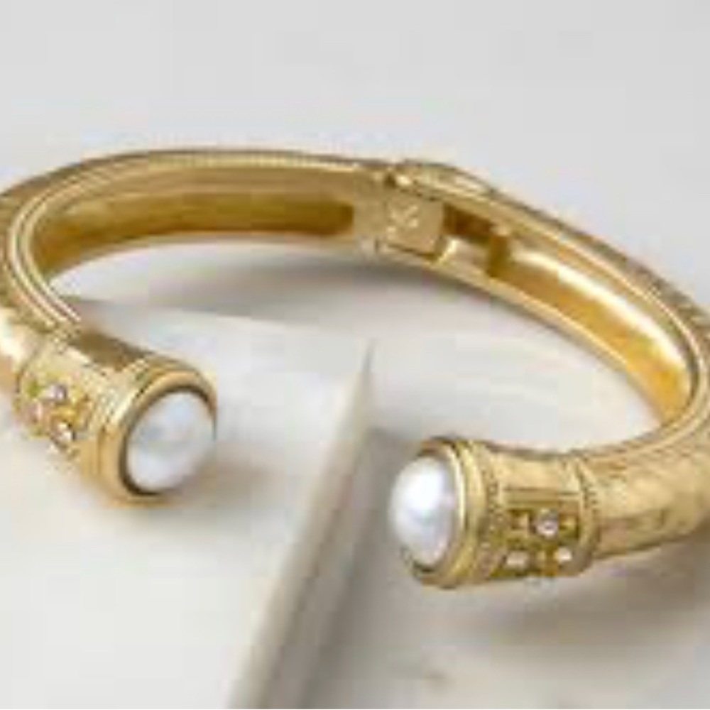 PLUNDER matte gold bangle with pearl and rhinestone details. NEW.